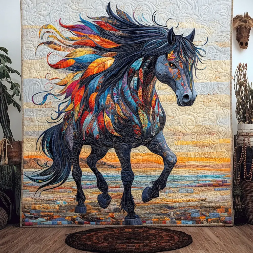 Spirit Horse Quilted Blanket Boho Wild Stallion Art Cozy Bedding Warm Throw Best Gift Horse Fan