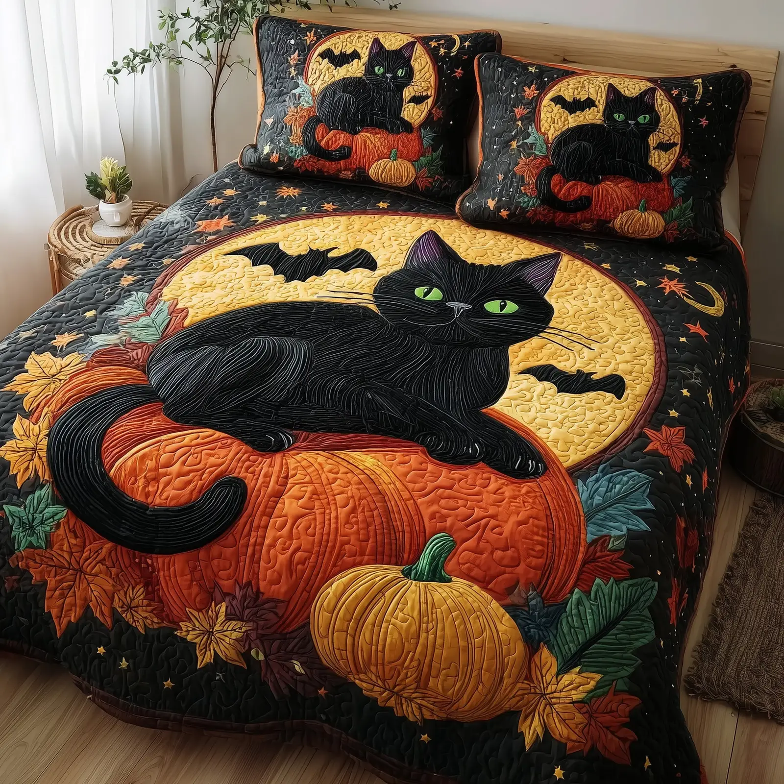 Spooky Black Cat Quilted Bedding Set Linen Blend