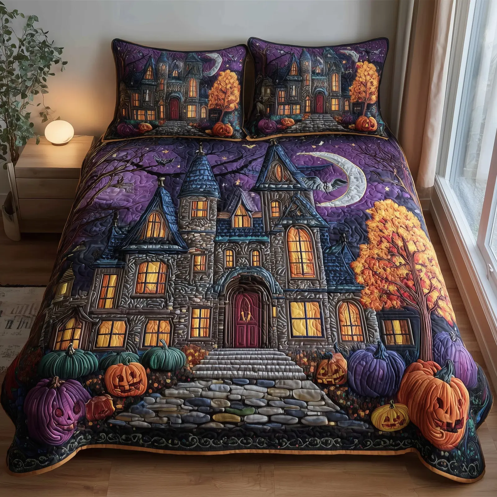 Spooky House Quilted Bedding Set Create a Cozy Space