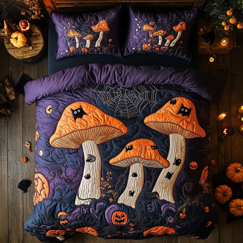 Spooky Mushroom Forest Quilted Bedding Set Duvet Cover Bedspread Halloween Gifts For Adults