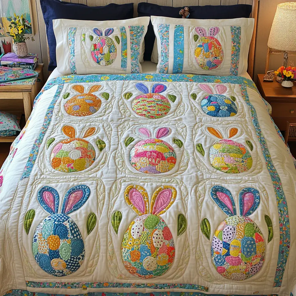 Spring Bloom Eggs Quilted Bedding Sets Floral Easter Bunny Decor Gift For Mom