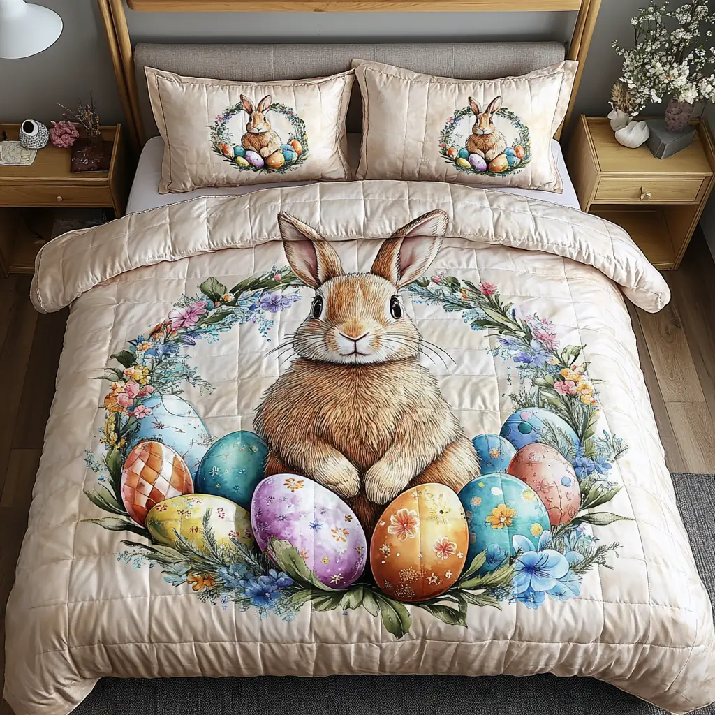 Spring Hopper Quilted Bedding Set Holiday Duvet Cover Best Gifts For Bunny Lovers