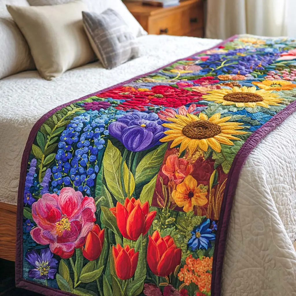 Spring Meadow Melody Quilted Bed Runner Meadow Melody Floral Spring Gift