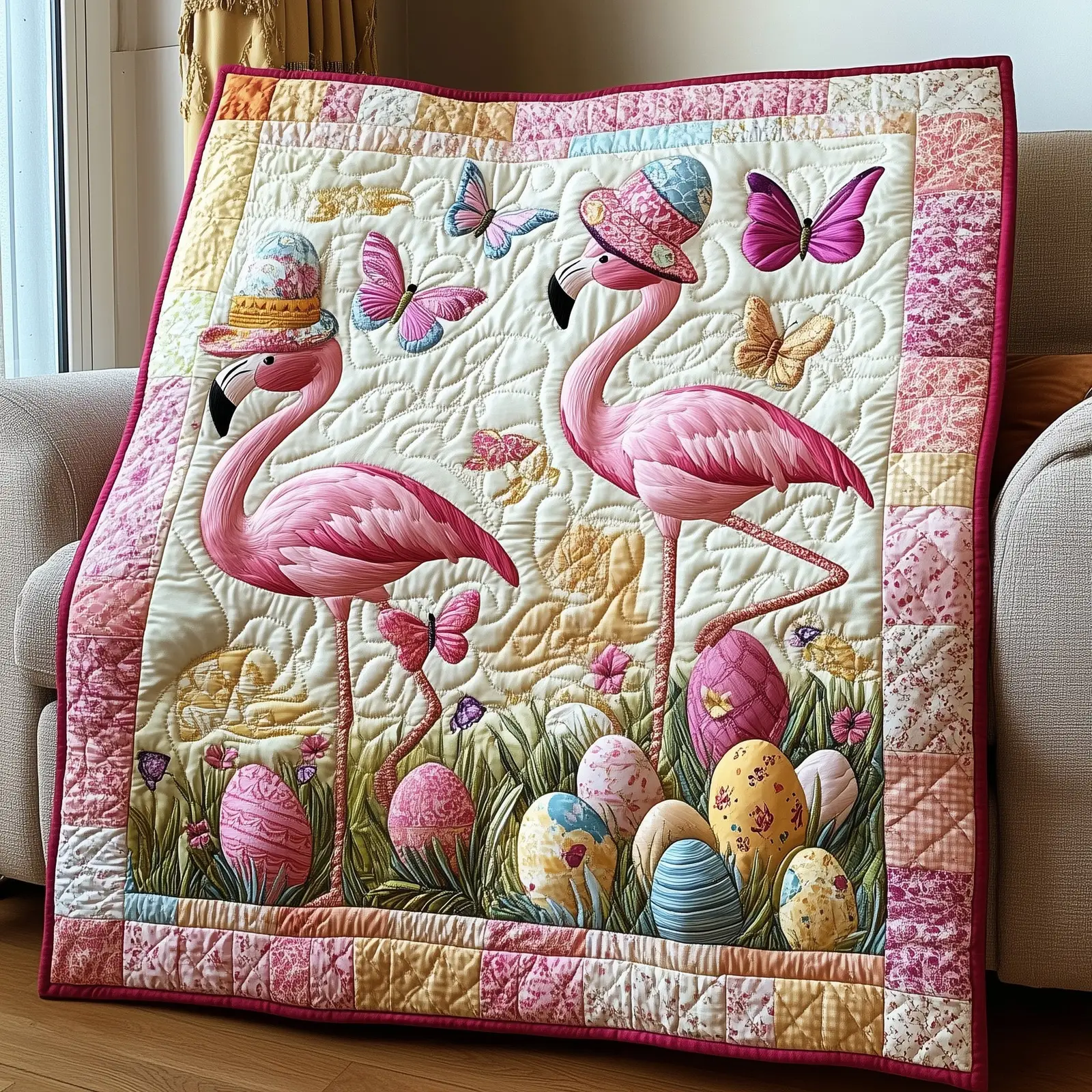 Springtime Feathers And Eggs Quilted Blanket Sofa Decorations Cute Flamingo For Her