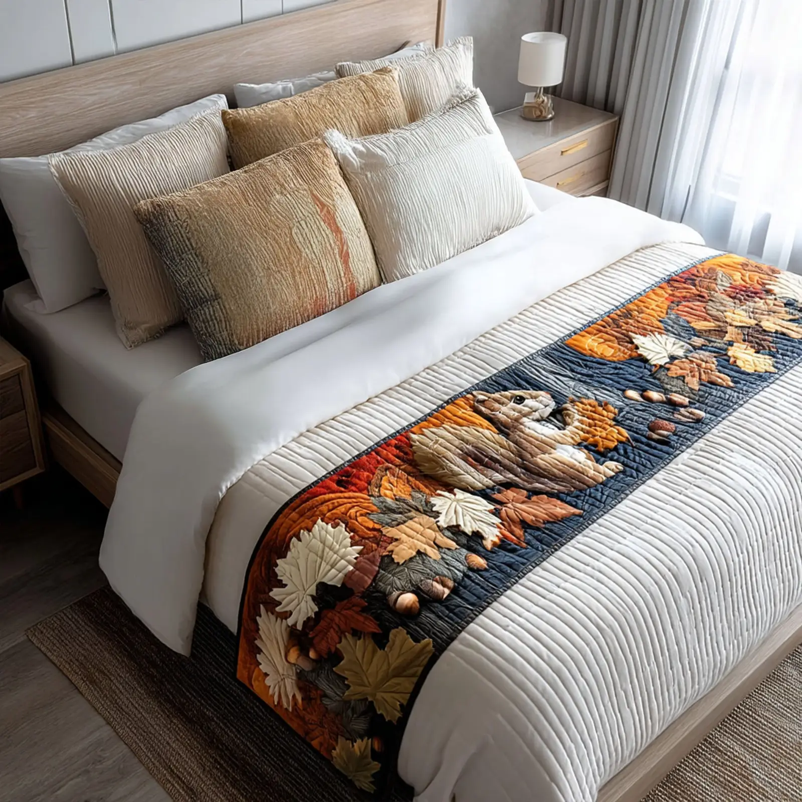Squirrel in the Grove Quilted Bed Runner Squirrel Grove Autumn Gift