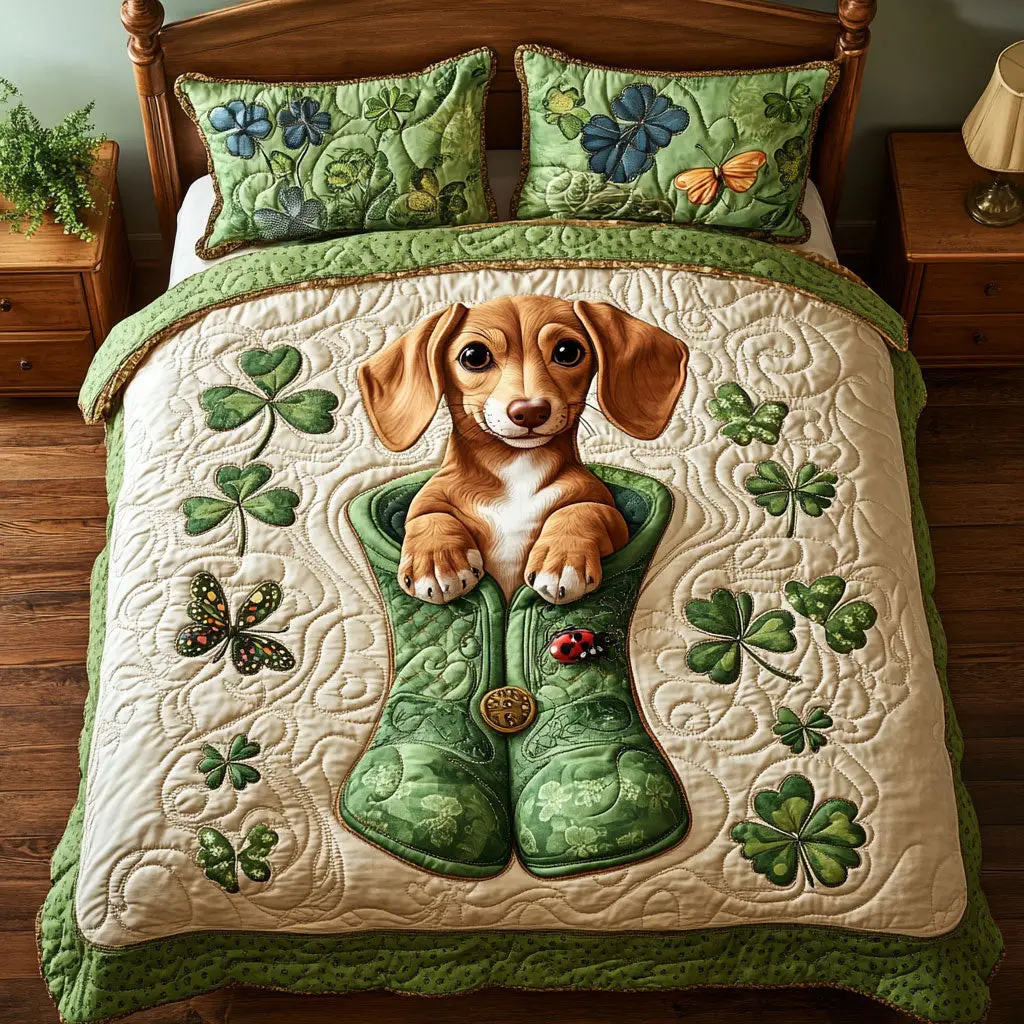 St Patrick Dachshund Quilted Bedding Set Bedroom Decorations St Patrick Gifts For Dog Lovers