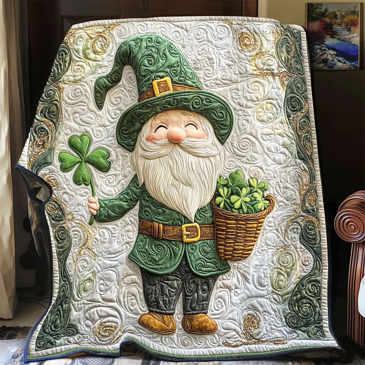 St Patrick Gnome Quilted Blanket Holiday Decor St Paddys Day Gift For Gnome Lovers