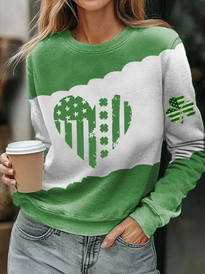 St Patrick's Day Clover Heart Flag Sweatshirt Cute St Patricks Day Outfits For Women