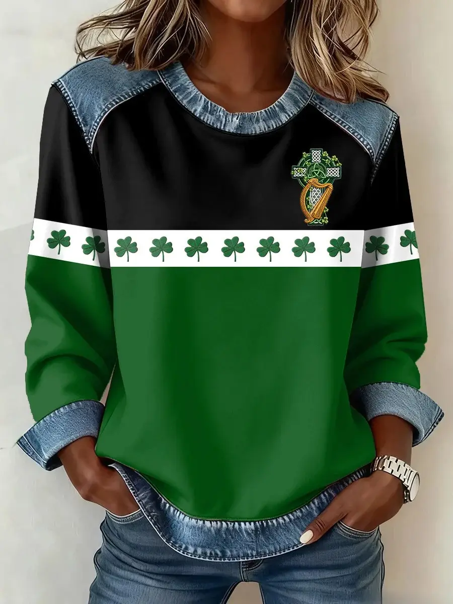 St Patrick's Day Holy Cross Shamrock Sweatshirt Women St Patricks Clothes Gifts For Her St Patrick's Day Holy Cross Shamrock Sweatshirt Women St Patricks Clothes Gifts For Her - Image 1