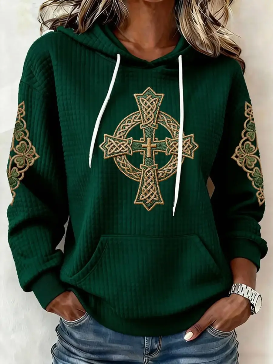 St Patrick's Day Hoodie Celtic Cross Hooded Sweatshirt Women's St Patty's Day Apparel