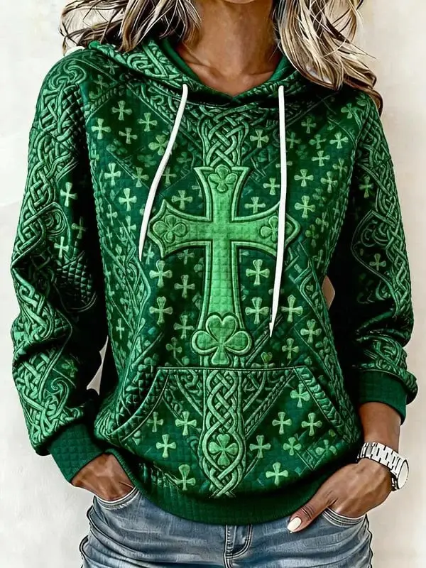 St Patrick's Day Hoodie Celtic Cross Shamrock Hooded Sweatshirt Gift Ideas For Her Ireland
