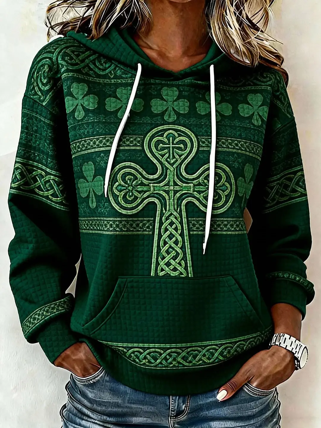 St Patrick's Day Hoodie Celtic Cross Shamrock Hooded Sweatshirt St Patty's Day Apparel For Her