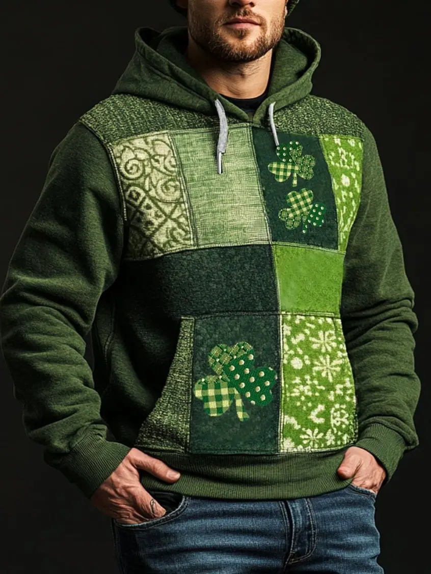 St Patrick's Day Hoodie Shamrock Patchwork Hooded Sweatshirt Gifts For Irish