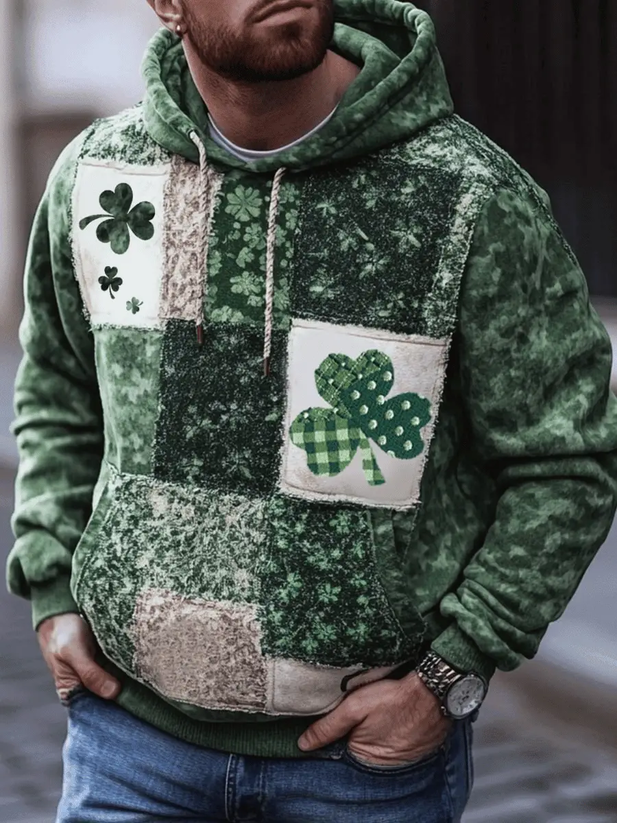St Patrick's Day Hoodie Shamrock Patchwork Hooded Sweatshirt Irish Mens Gifts