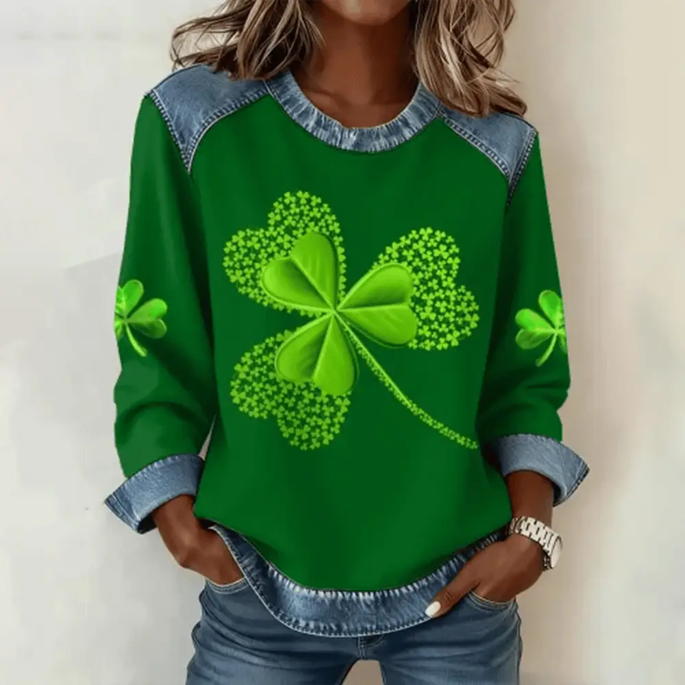 St Patrick's Day Pattern Patchwork Art Sweatshirt St Patrick's Day Apparel Gift Idea For Women