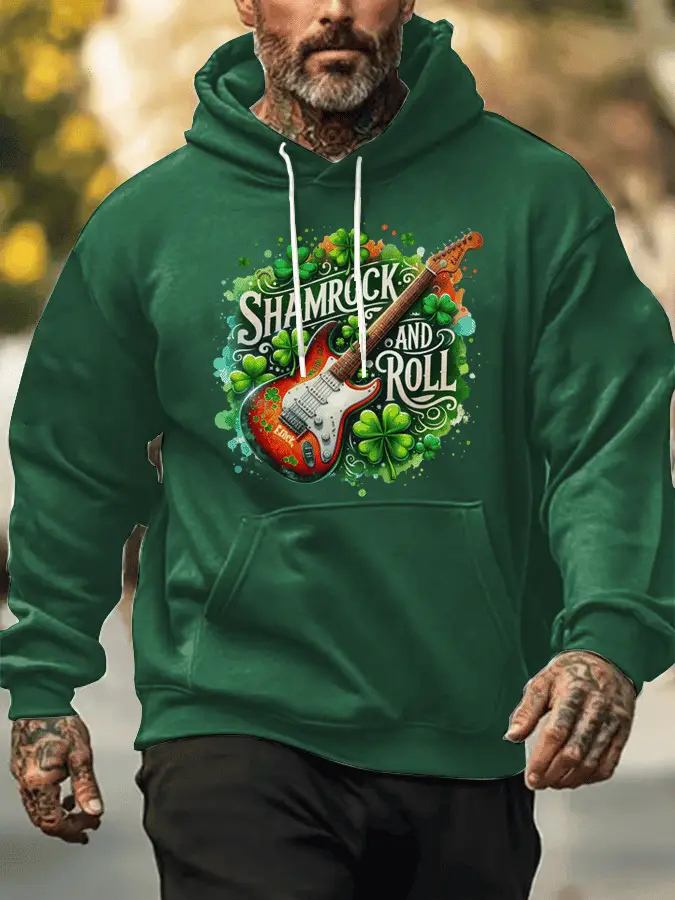 St Patrick's Day Shamrock N Roll Hoodie Mens Funny Paddy's Day Outfits Music Lovers Gifts