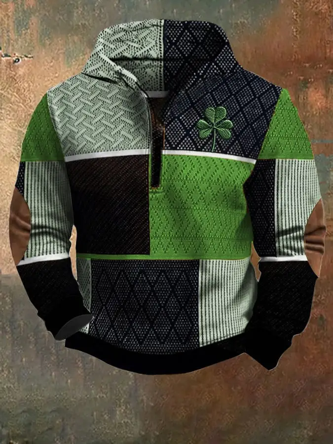 St Patrick's Day Shamrock Quarter Zip Hoodie Men's Saint Paddy Apparel Gift For Him Ireland