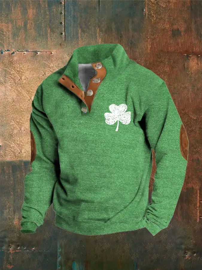 St Patrick's Day Shamrock Stand Collar Button Sweatshirt Gifts For Husband Ireland