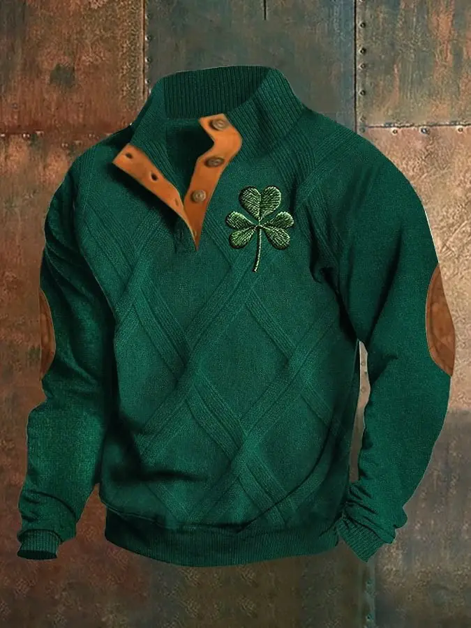 St Patrick's Day Shamrock Stand Collar Button Sweatshirt Presents For Boyfriends Ireland