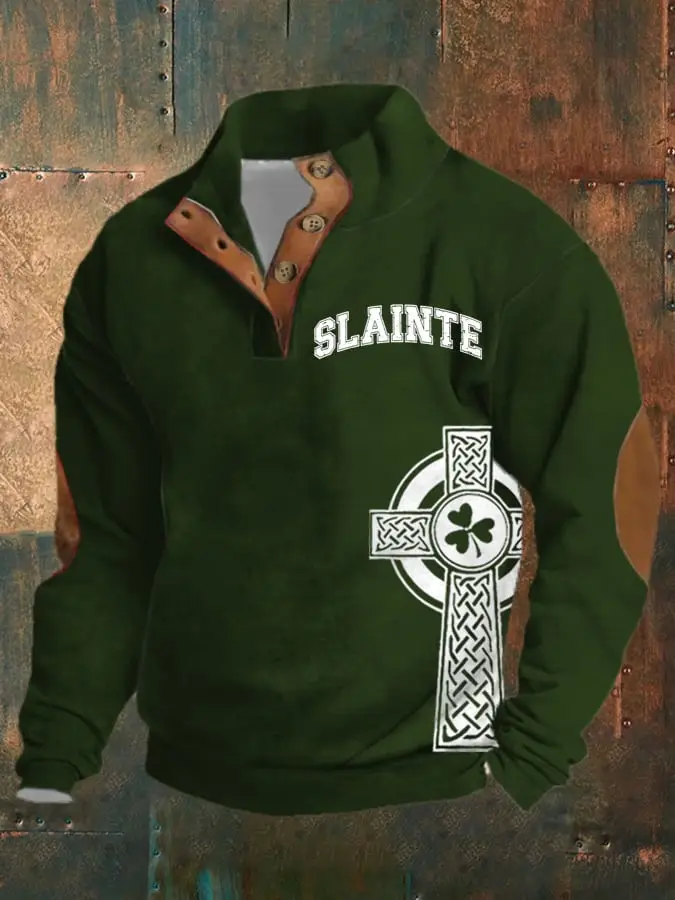 St Patricks Day Slainte Button Sweatshirt Celtic Cross St Pattys Day Gifts For Men St Patricks Day Slainte Button Sweatshirt Celtic Cross St Pattys Day Gifts For Men - Image 1