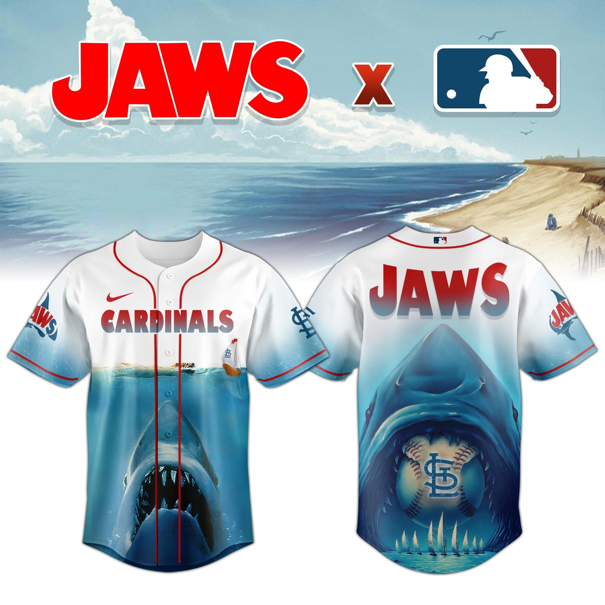 St. Louis Cardinals x JAWS Jersey MLB Merch Baseball Lovers Movie Theme Gifts For Jaws Fans St. Louis Cardinals x JAWS Jersey MLB Merch Baseball Lovers Movie Theme Gifts For Jaws Fans - Image 1
