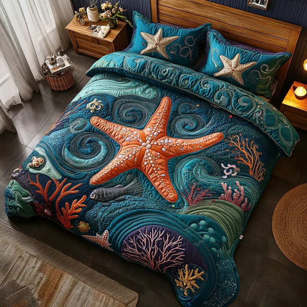 Starfish In Beautiful Ocean Quilted Bedding Set Duvet Cover Bedspread Gifts For Son