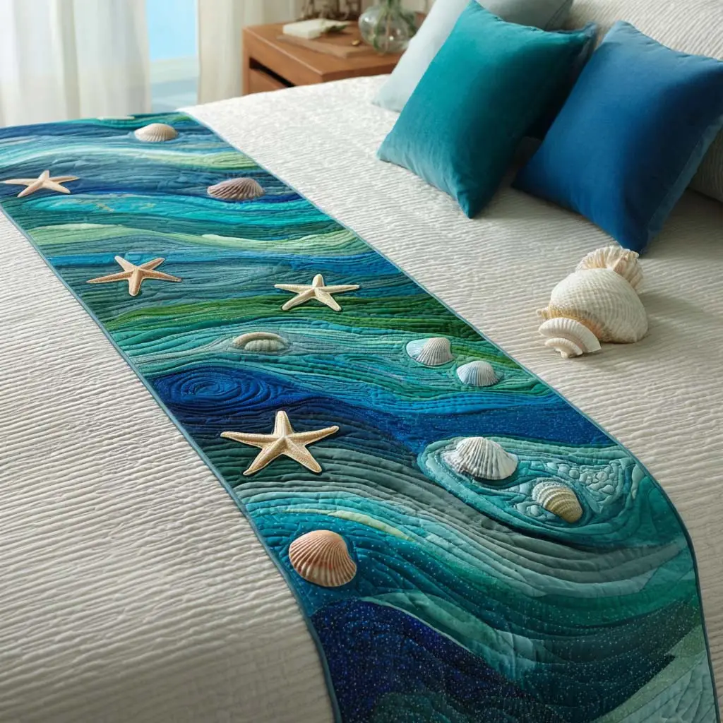 Starfish Shore Quilted Bed Runner Starfish Shoreline Beach Gift
