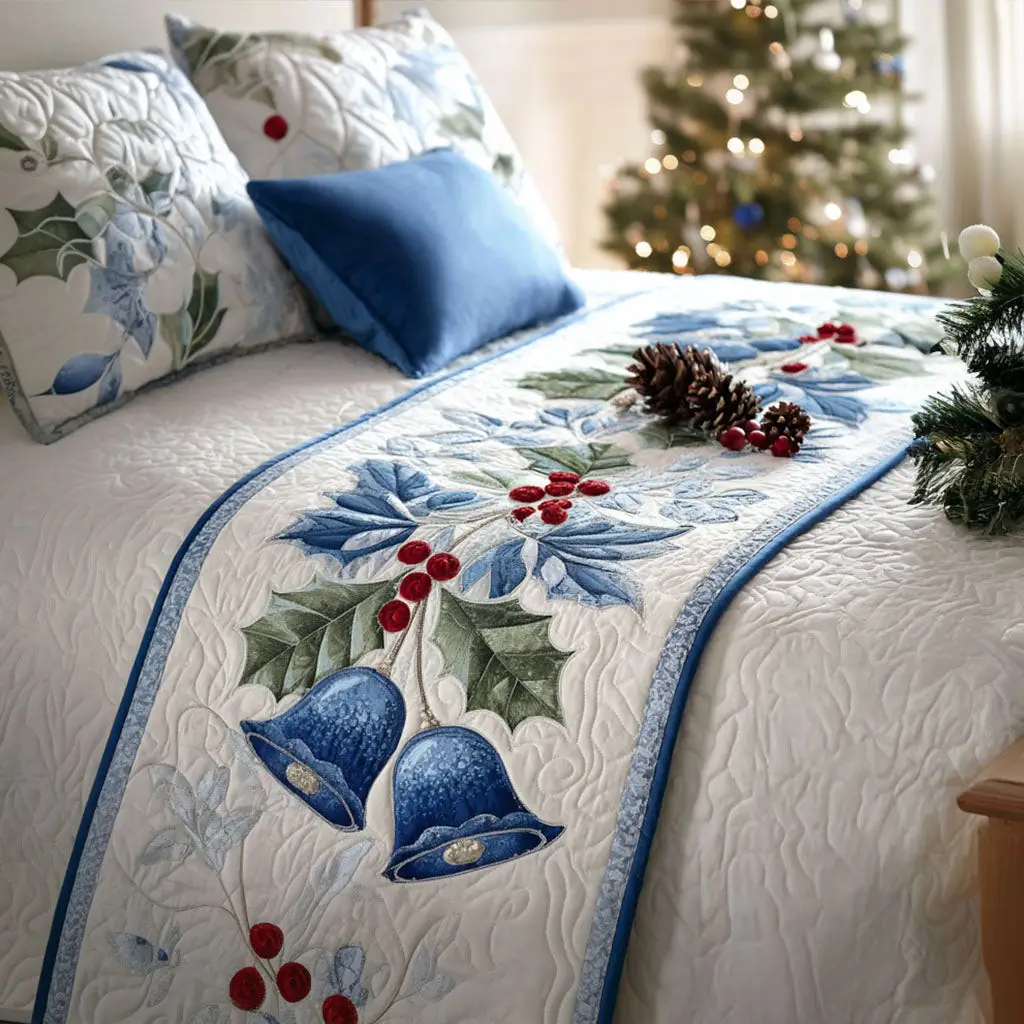 Starlight Bells Quilted Bed Runner Sparkling Bells Christmas Gift for Mom
