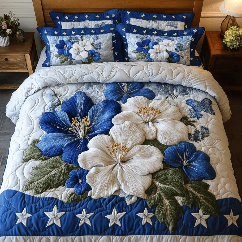 Starry Bloom  Quilted Bedding Set  King Size Duvet Cover 4Th Of July Themed Gifts