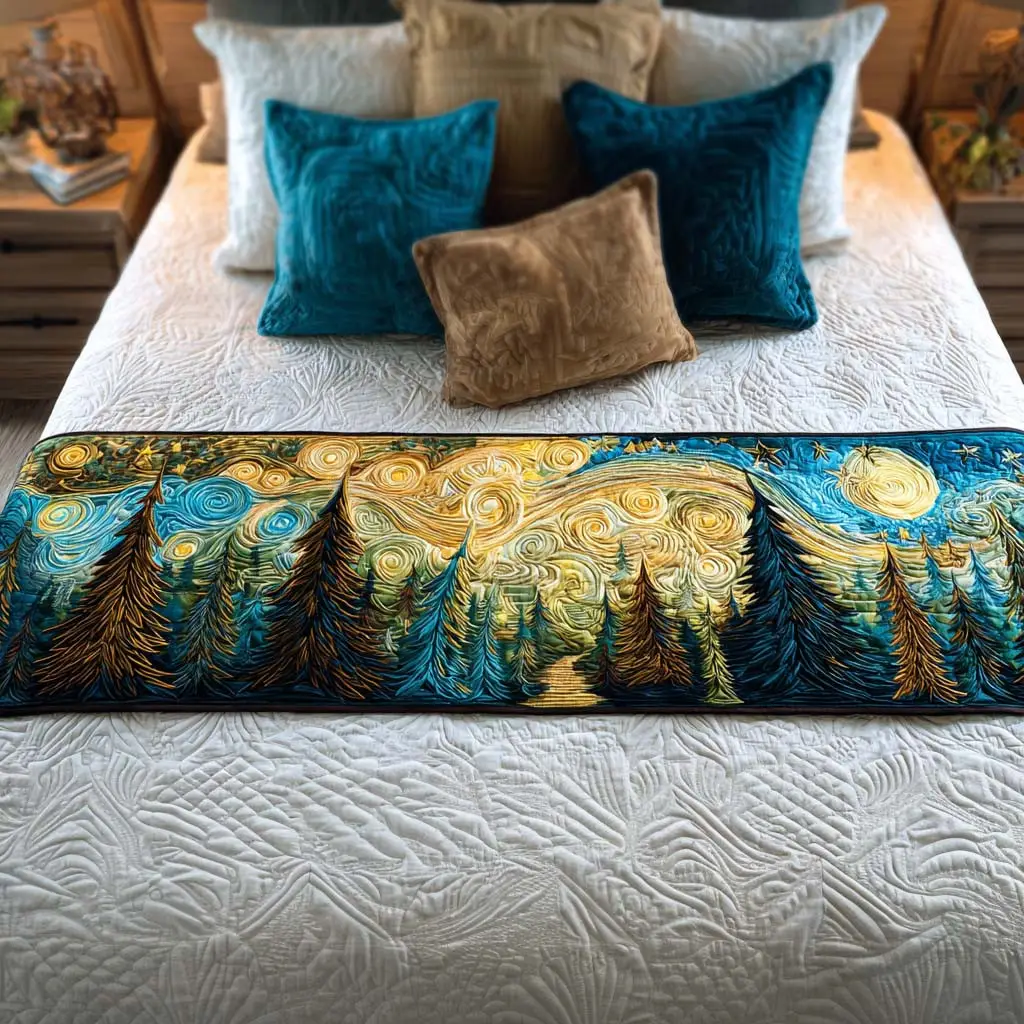 Starry Pine Night Quilted Bed Runner Holiday Pine Night Christmas Gift for Grandparents Starry Pine Night Quilted Bed Runner Holiday Pine Night Christmas Gift for Grandparents - Image 1