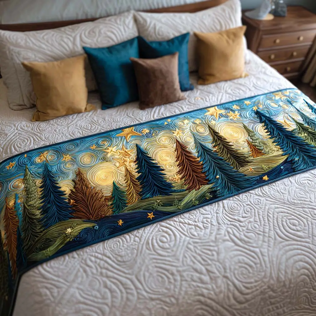 Starry Pines Glow Quilted Bed Runner Pine Glow Scene Christmas Gift for Dad