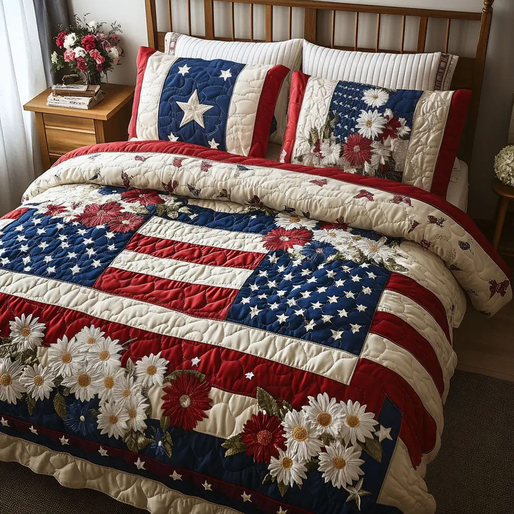 Starry Stripes  Quilted Bedding Set  Duvet Cover Queen Best 4Th Of July Gifts