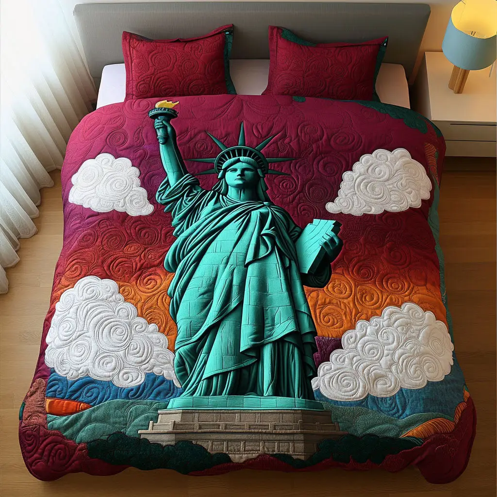 Statue Liberty Sunset  Quilted Bedding Set  Best Comforter Sets 4Th Of July Client Gifts