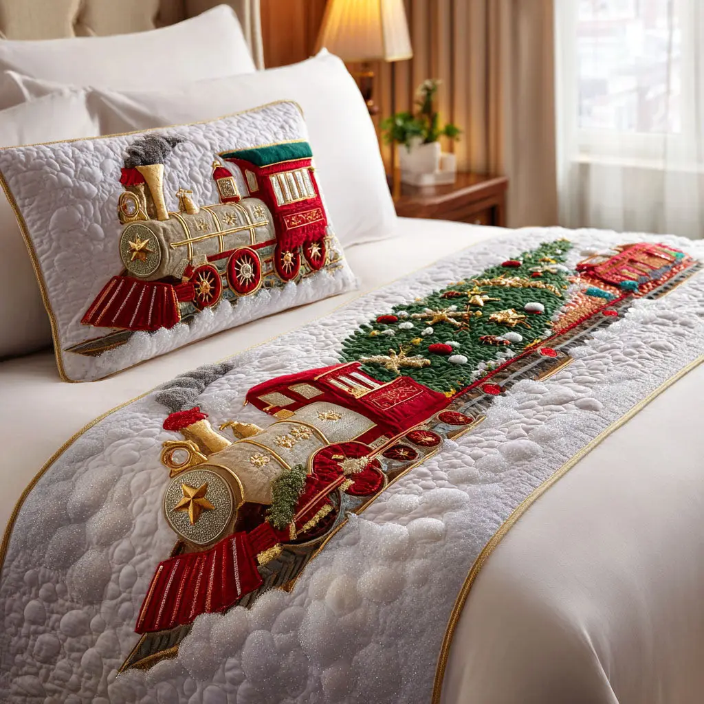 Steam Train Christmas Quilted Bed Runner Christmas Train Journey Holiday Gift for Dad
