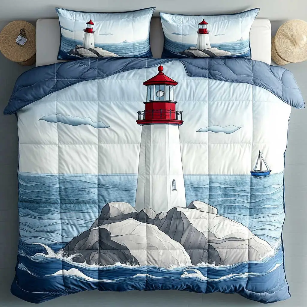 Stormy Lighthouse Coast Quilted Bedding Set Duvet Cover Bedspread  Bedroom Decor Gifts For Ladies