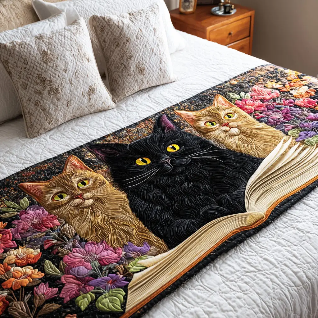 Storytime Cat Corner Quilted Bed Runner Storytime Cat Pattern For Cat-Loving Homes