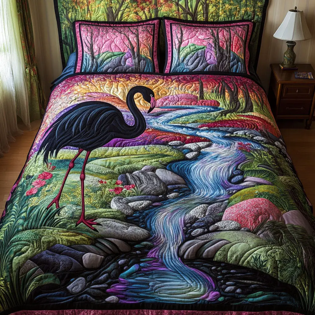 Stream Walk Quilted Bedding Set Bedroom Decor Pink Flamingo Gifts For Mom Stream Walk Quilted Bedding Set Bedroom Decor Pink Flamingo Gifts For Mom - Image 1