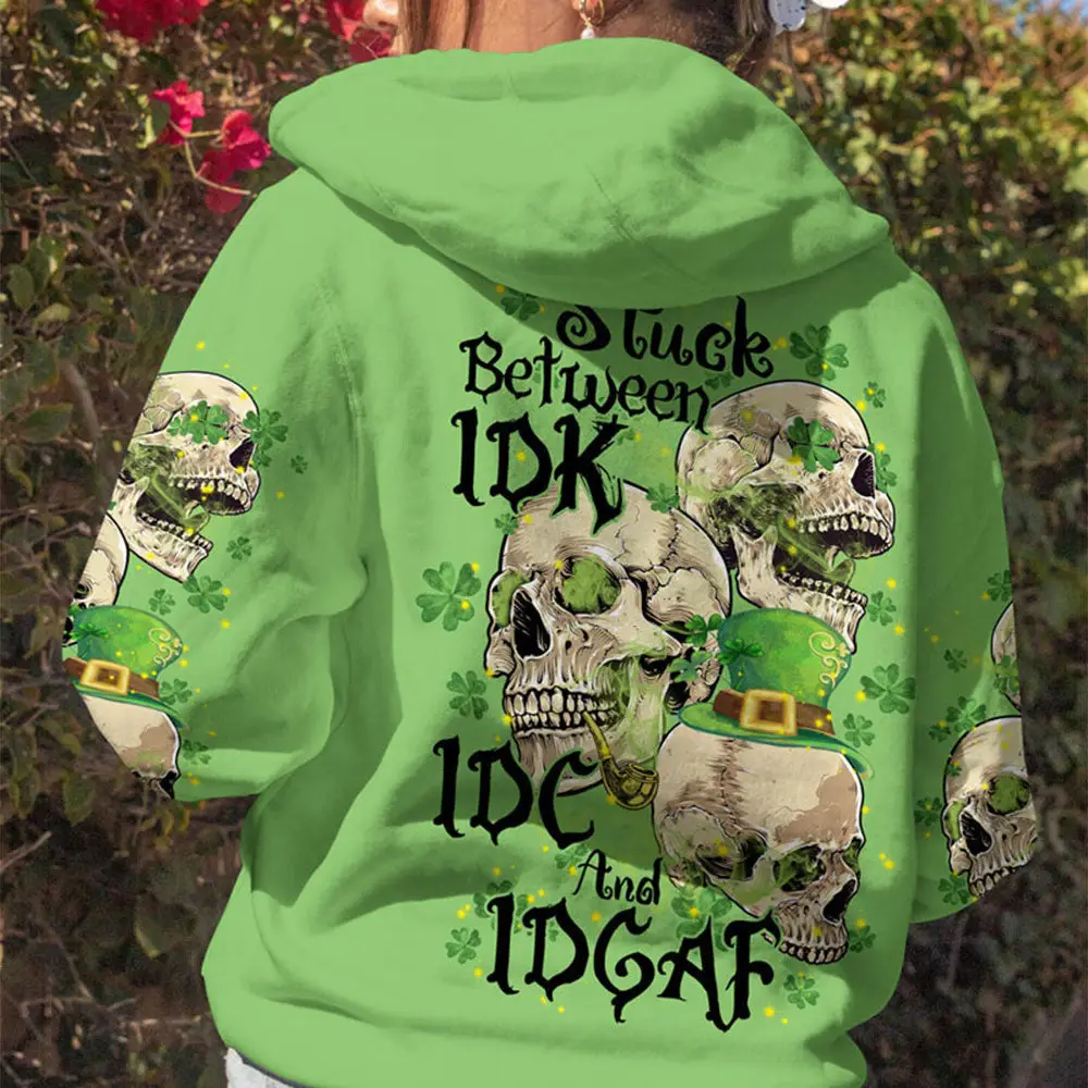 Stuck Between Idk Idc And Idgaf 3 Skulls Patrick_S Day Hoodie Skull Merch Mothers Birthday Gifts