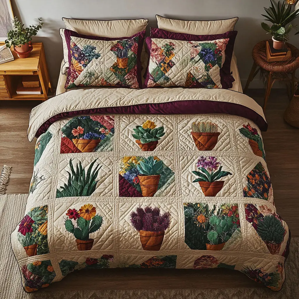 Succulent Sprout Quilted Bedding Set Holiday Duvet Covers Cactus Inspired Gifts