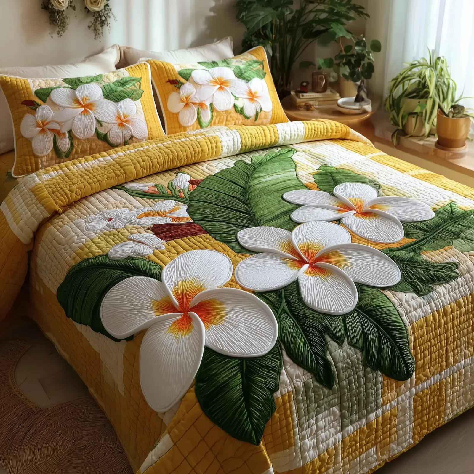 Summer Plumeria Quilted Bedding Set Create a Cozy Space