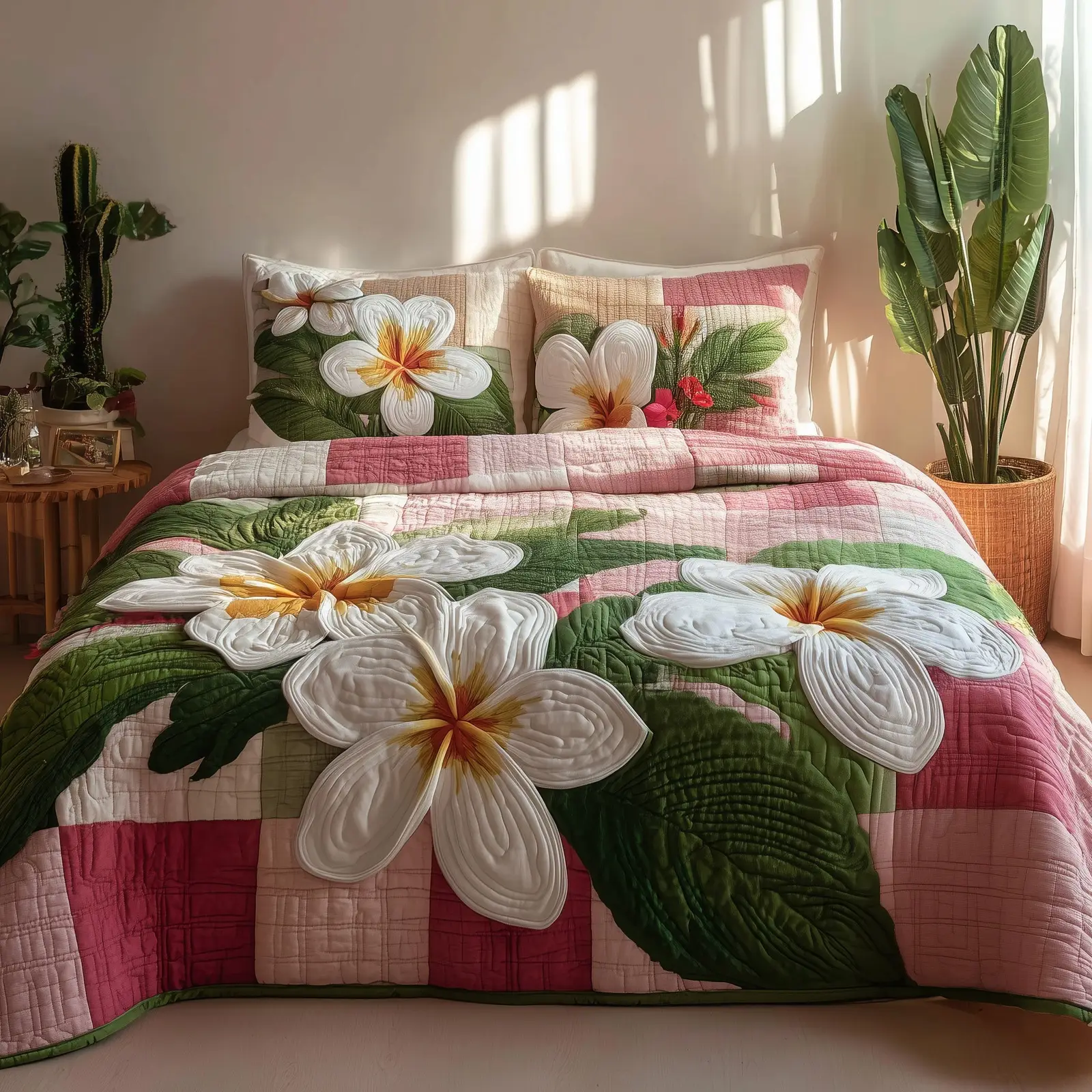 Summer Plumeria Quilted Bedding Set For Women