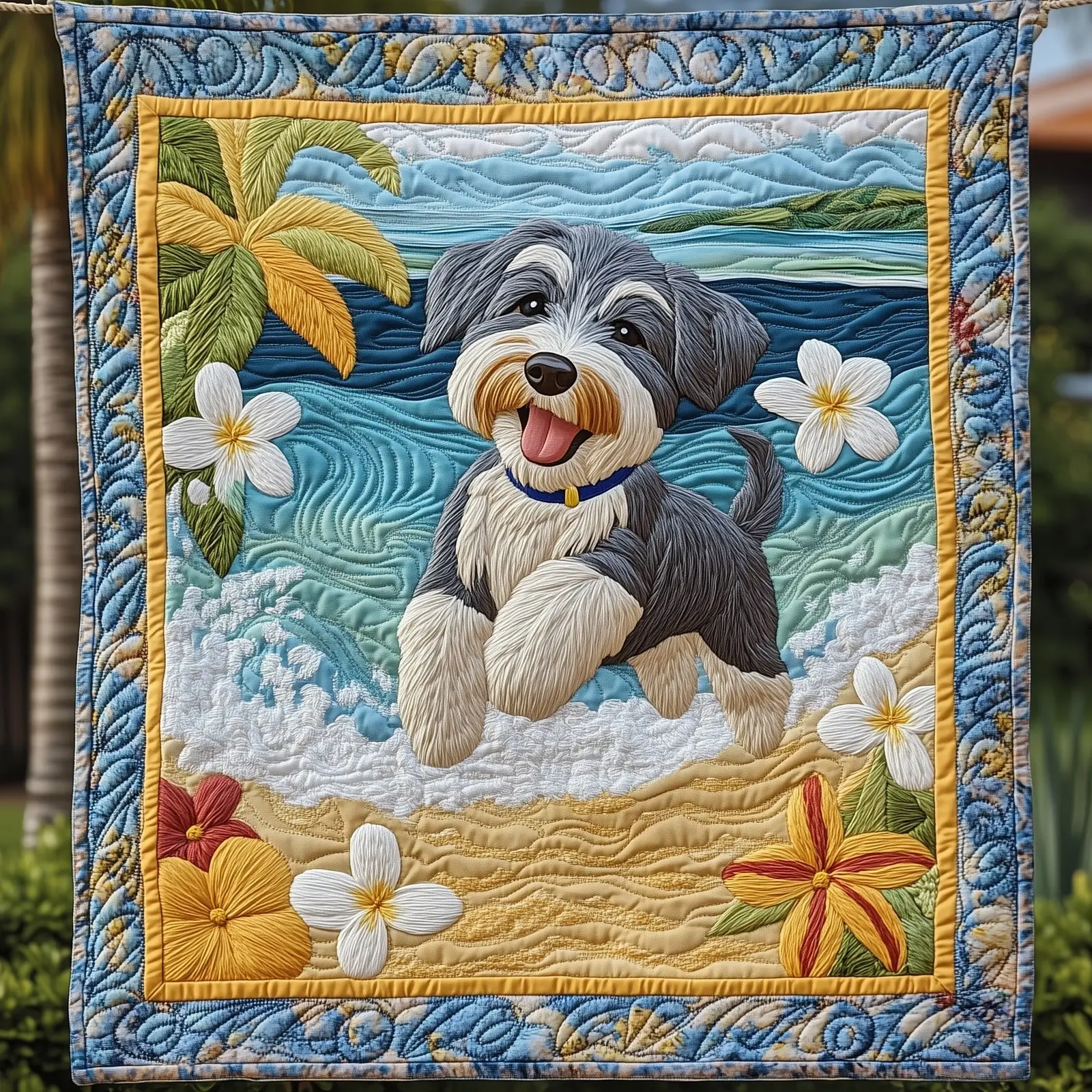 Summertime Schnauzer Quilted Blanket Happy Dog Art Quilt Gift Ideas For Schnauzer Lovers