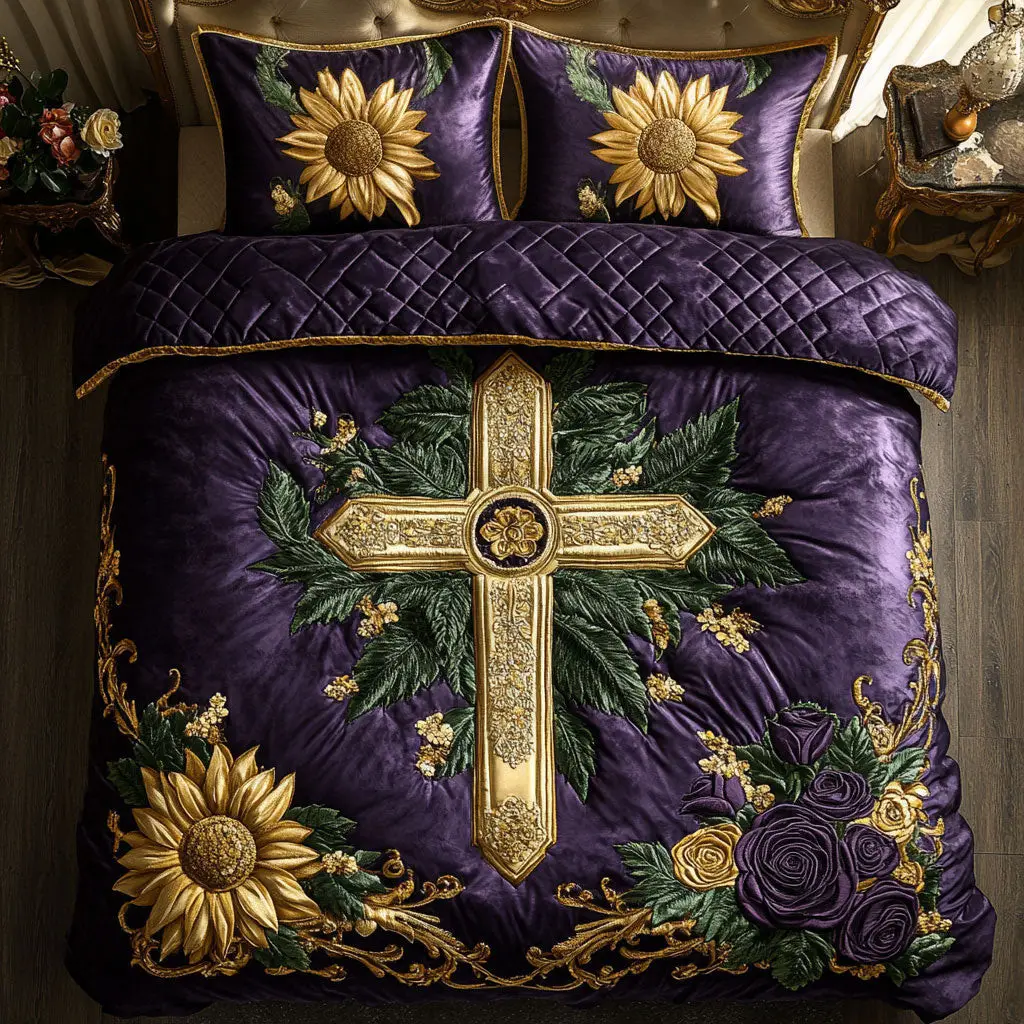 Sun Glory Cross Quilted Bedding Set Duvet Cover Bedspread Best Gifts Bedroom Decorative