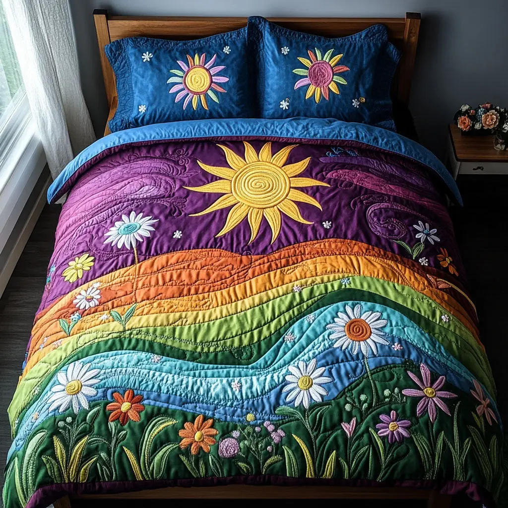 Sunburst Floral Harmony Quilted Bedding Set Cute Room Decor Hippie Christmas Gifts