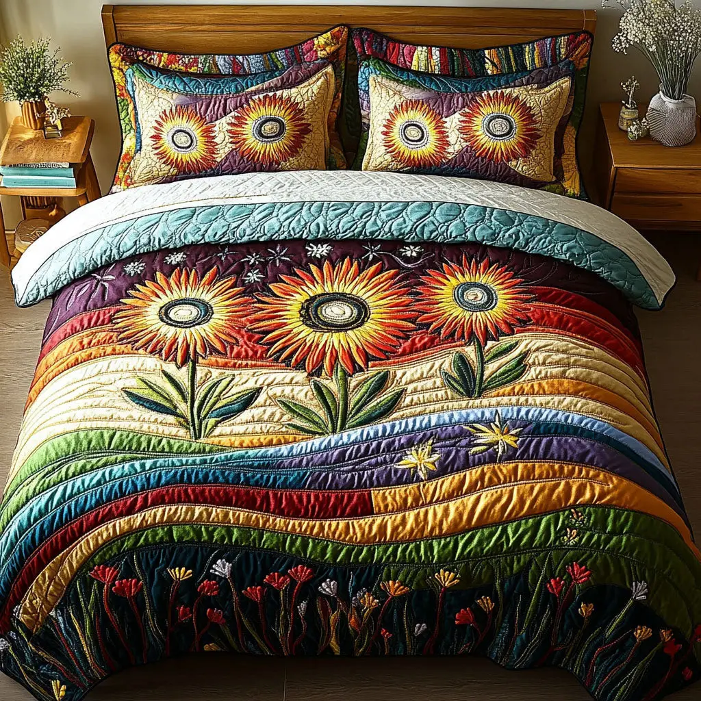 Sunflower Fields Forever Quilted Bedding Set Luxury Comforter Gift Set for Him or Her