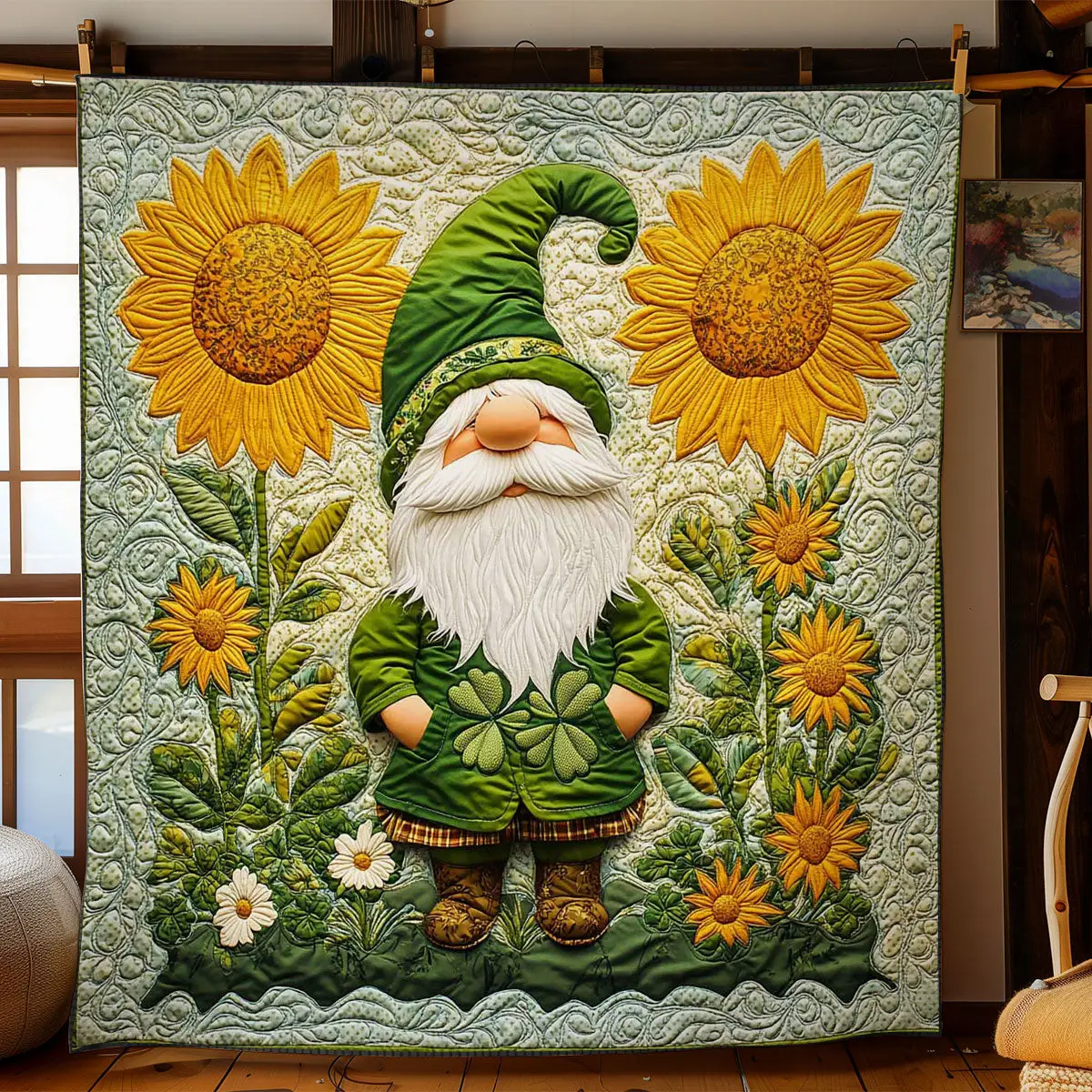 Sunflower Gnome Delight Quilted Blanket Room Decor Ideas St Paddys Day Gift Ideas For Wife