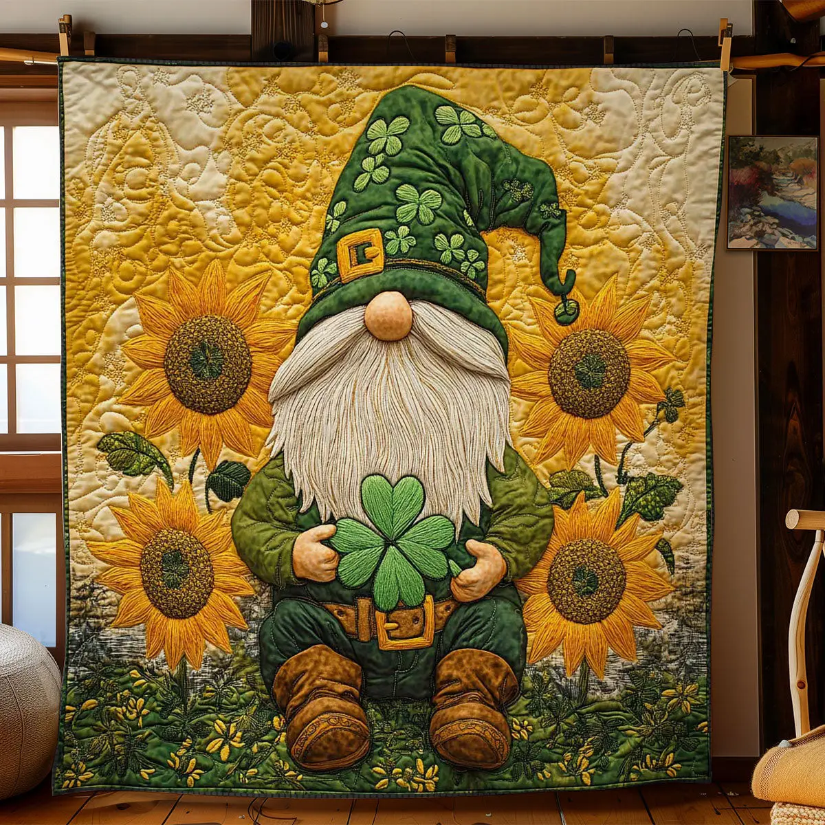 Sunflower Patch Gnome Quilted Blanket Cozy Home Decor St Paddys Day Present Ideas Sunflower Patch Gnome Quilted Blanket Cozy Home Decor St Paddys Day Present Ideas - Image 1