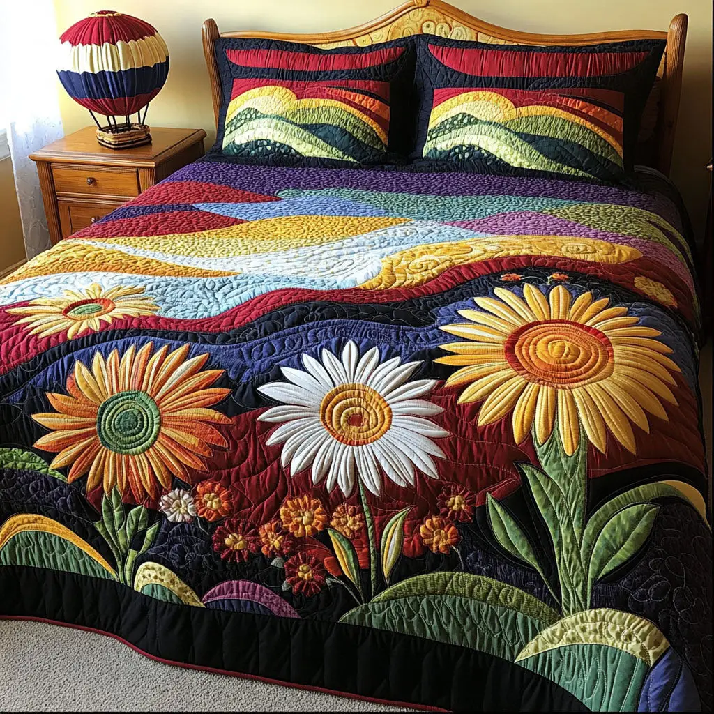 Sunflower Skyscape Quilted Bedding Set Bright Floral Bedroom Decor Gift For Sunflower Lovers