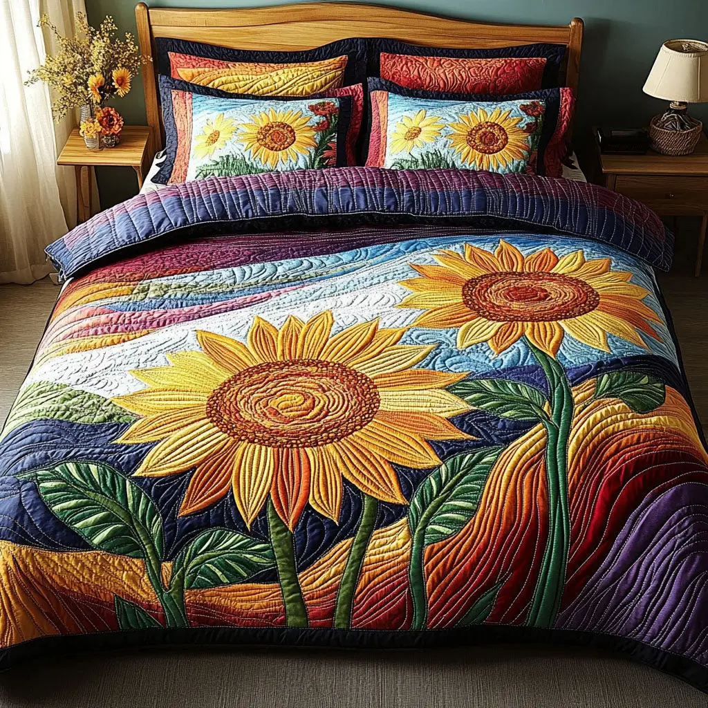 Sunkissed Petal Dreams Quilted Bedding Set Aesthetic Room Decor Sunflower Gift Items