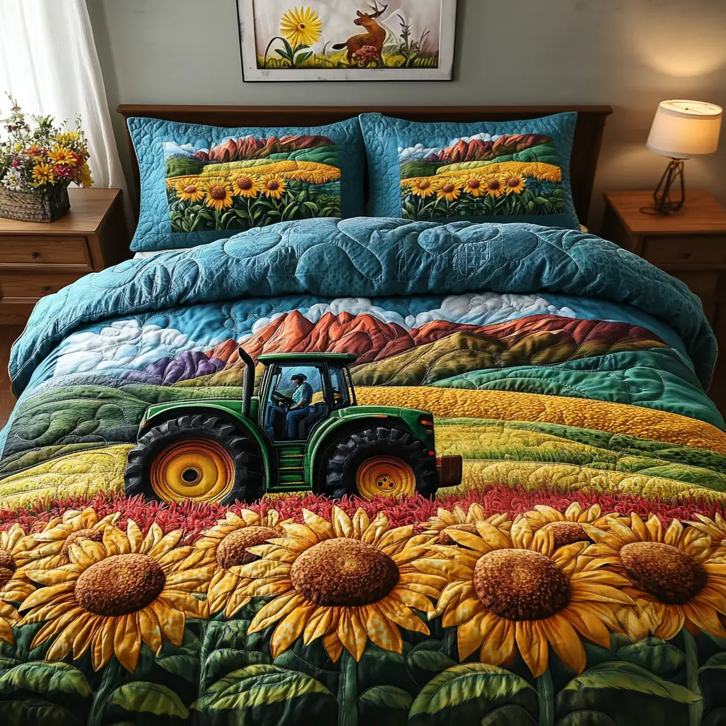 Sunlit Fields Quilted Bedding Set Best Bed Sheet Set Christmas Gifts For Tractor Lovers